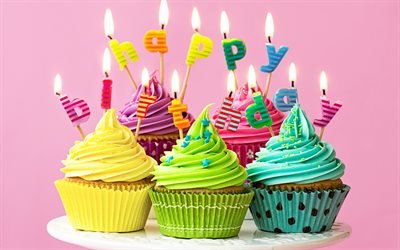 С Днем Рождения, праздничные кексы, пирожные, поздравление, открытка, День Рождения, свечи